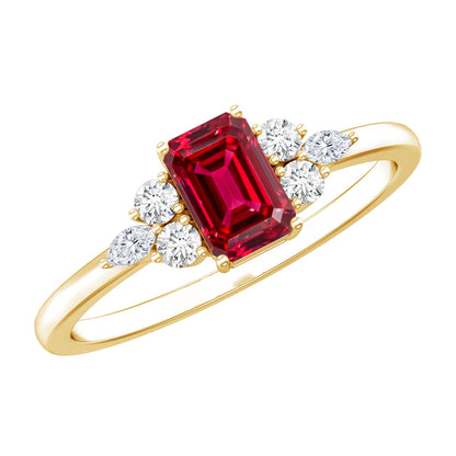 0.75 Carat Emerald Cut Lab Created Ruby and Diamond Promise Ring in Silver