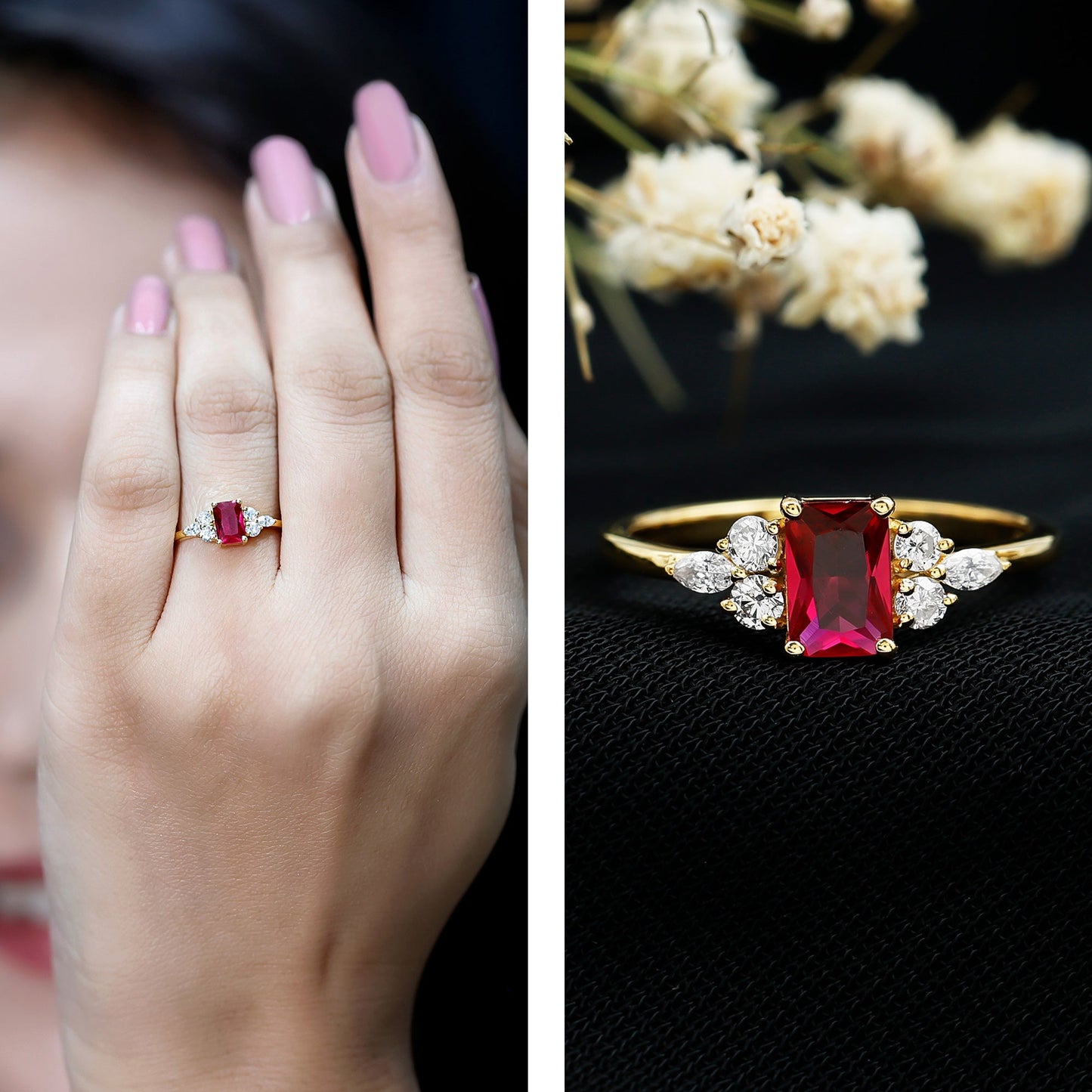 0.75 Carat Emerald Cut Lab Created Ruby and Diamond Promise Ring in Silver
