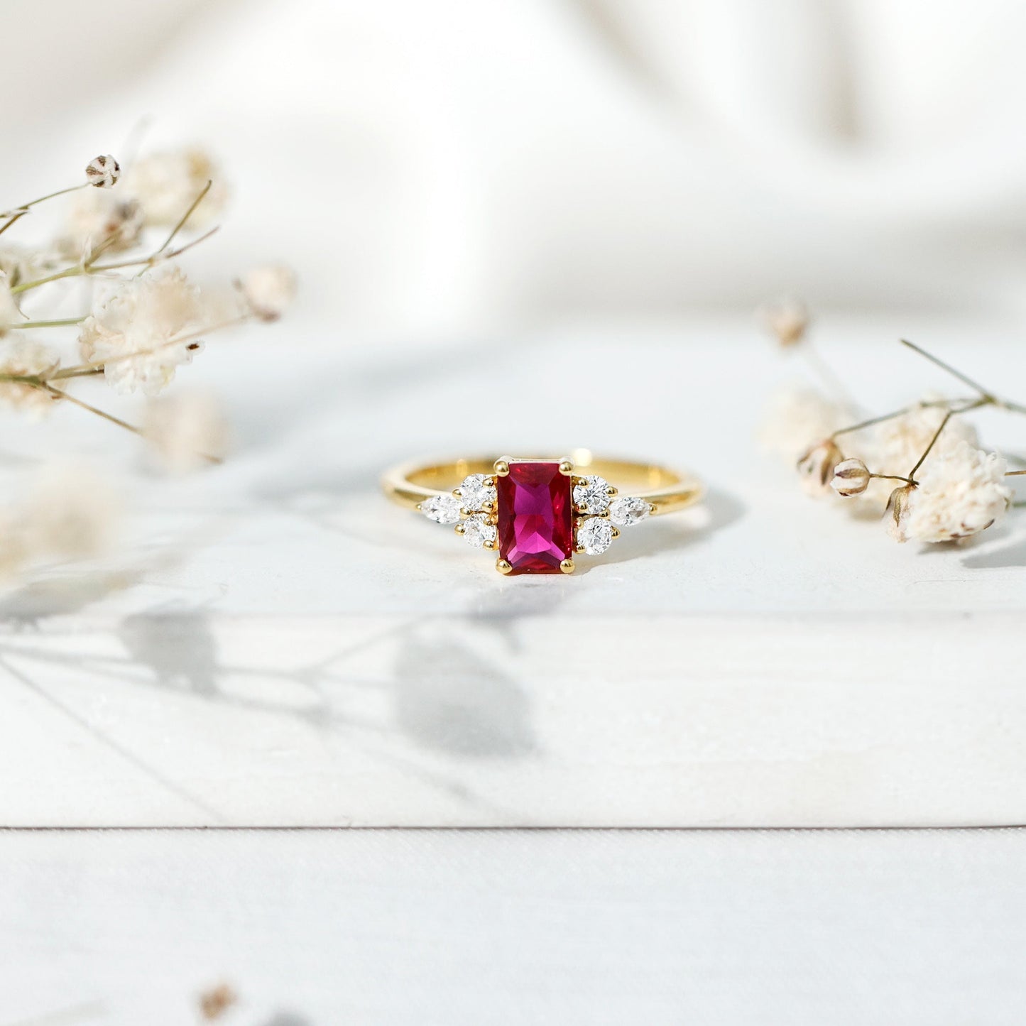 0.75 Carat Emerald Cut Lab Created Ruby and Diamond Promise Ring in Silver