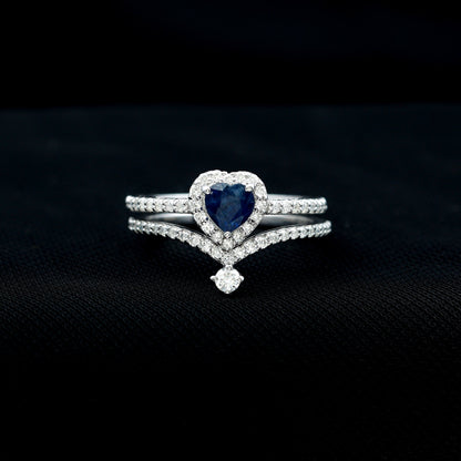 Real Heart Shape Blue Sapphire and Diamond Halo Wedding Ring Set