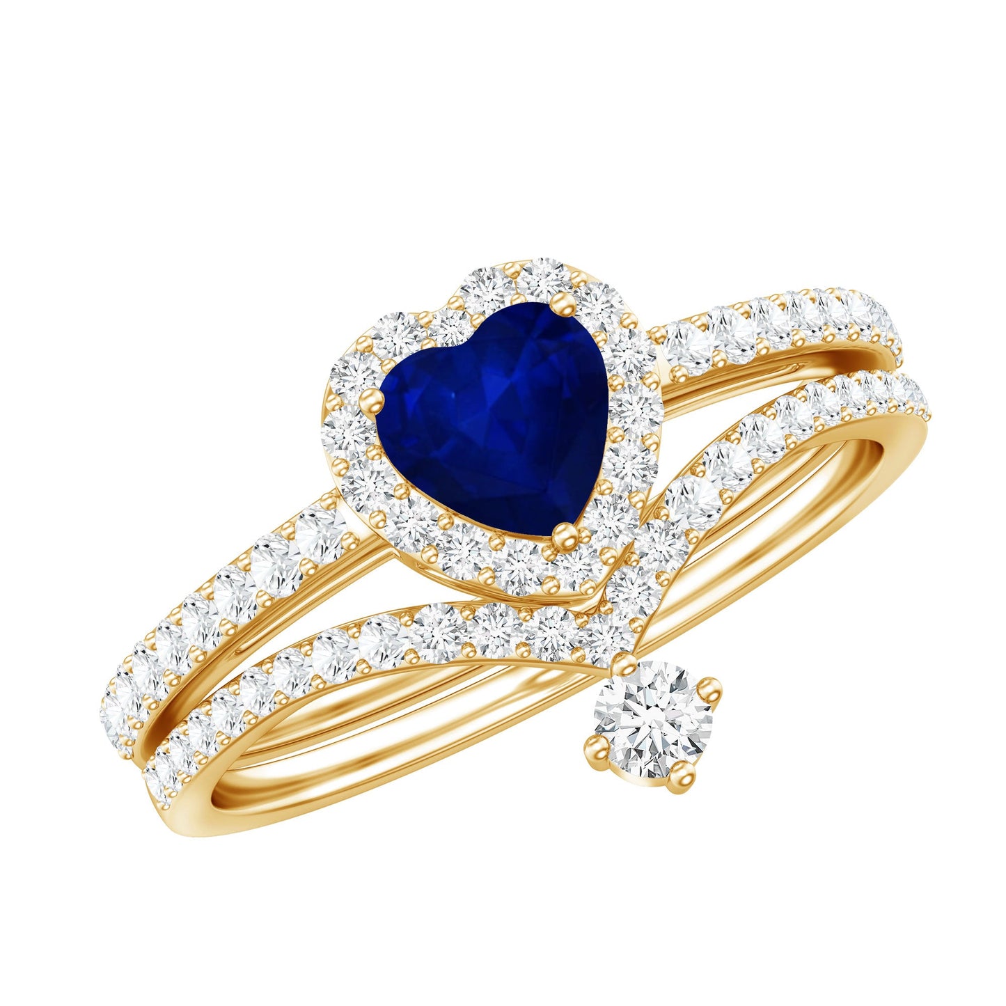 Real Heart Shape Blue Sapphire and Diamond Halo Wedding Ring Set