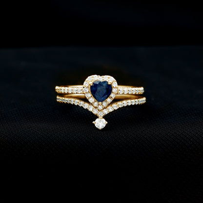 Real Heart Shape Blue Sapphire and Diamond Halo Wedding Ring Set
