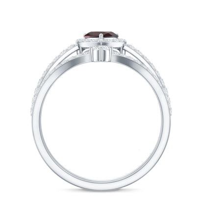 Natural Garnet Diamond Heart Engagement Ring Wedding Band Set