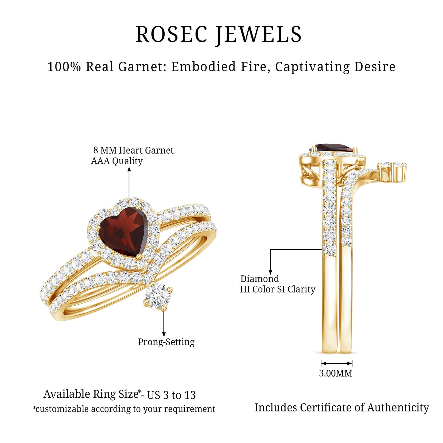 Natural Garnet Diamond Heart Engagement Ring Wedding Band Set