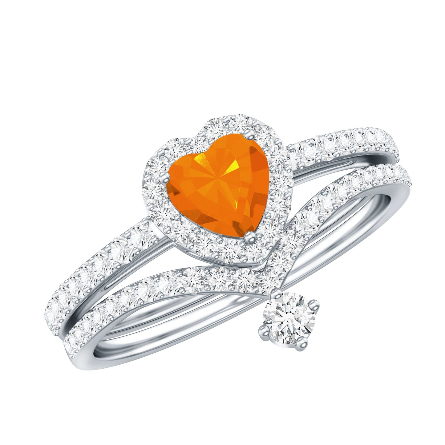 Heart Shape Fire Opal Ring Set with Moissanite