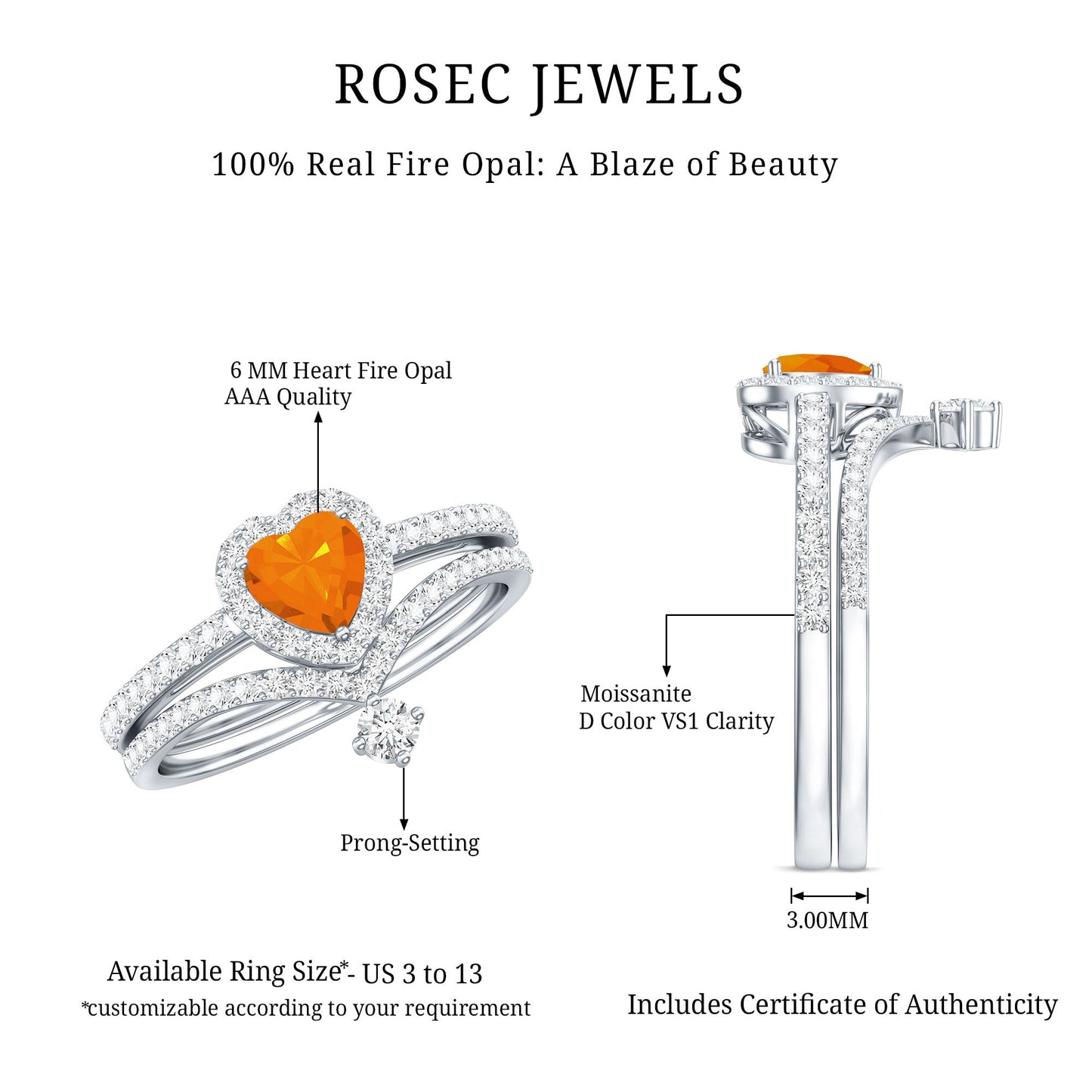Heart Shape Fire Opal Ring Set with Moissanite