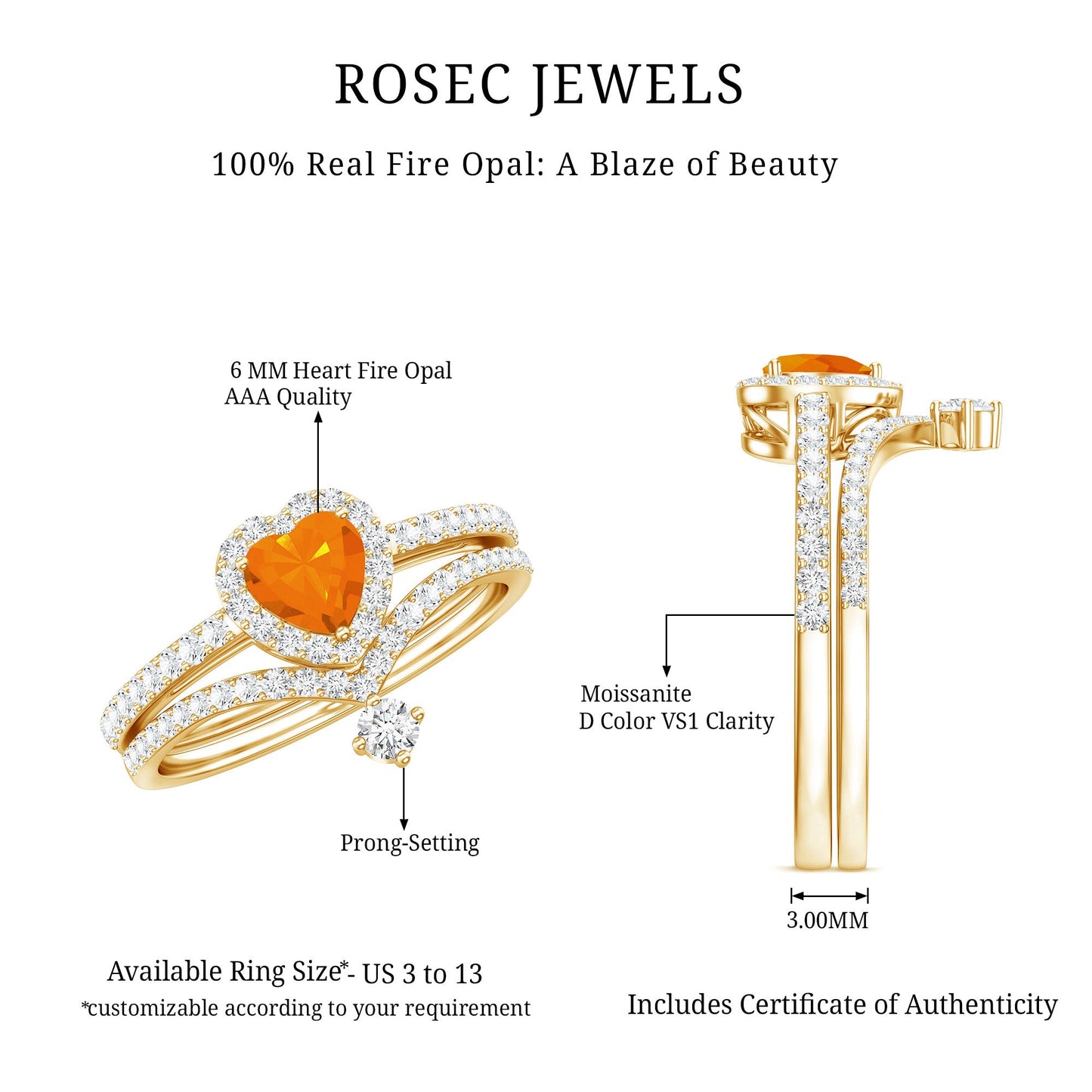 Heart Shape Fire Opal Ring Set with Moissanite