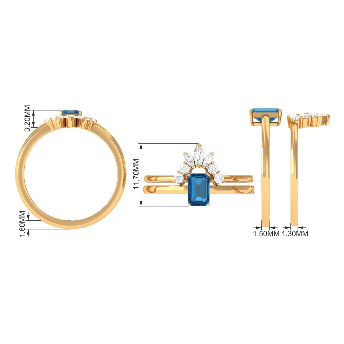 0.7 Carat Emerald Cut London Blue Topaz Solitaire Ring Set with Diamond