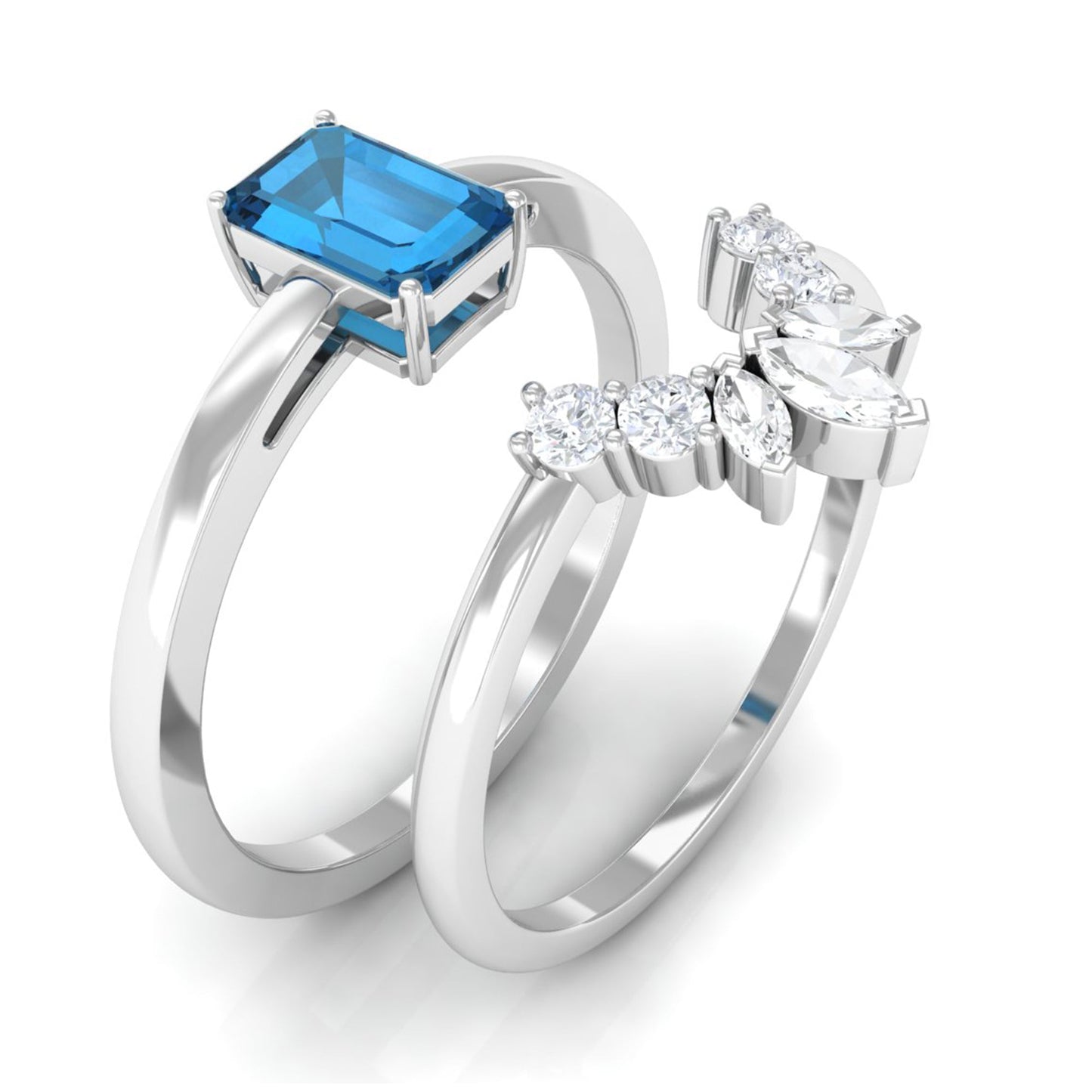 0.7 Carat Emerald Cut London Blue Topaz Solitaire Ring Set with Diamond