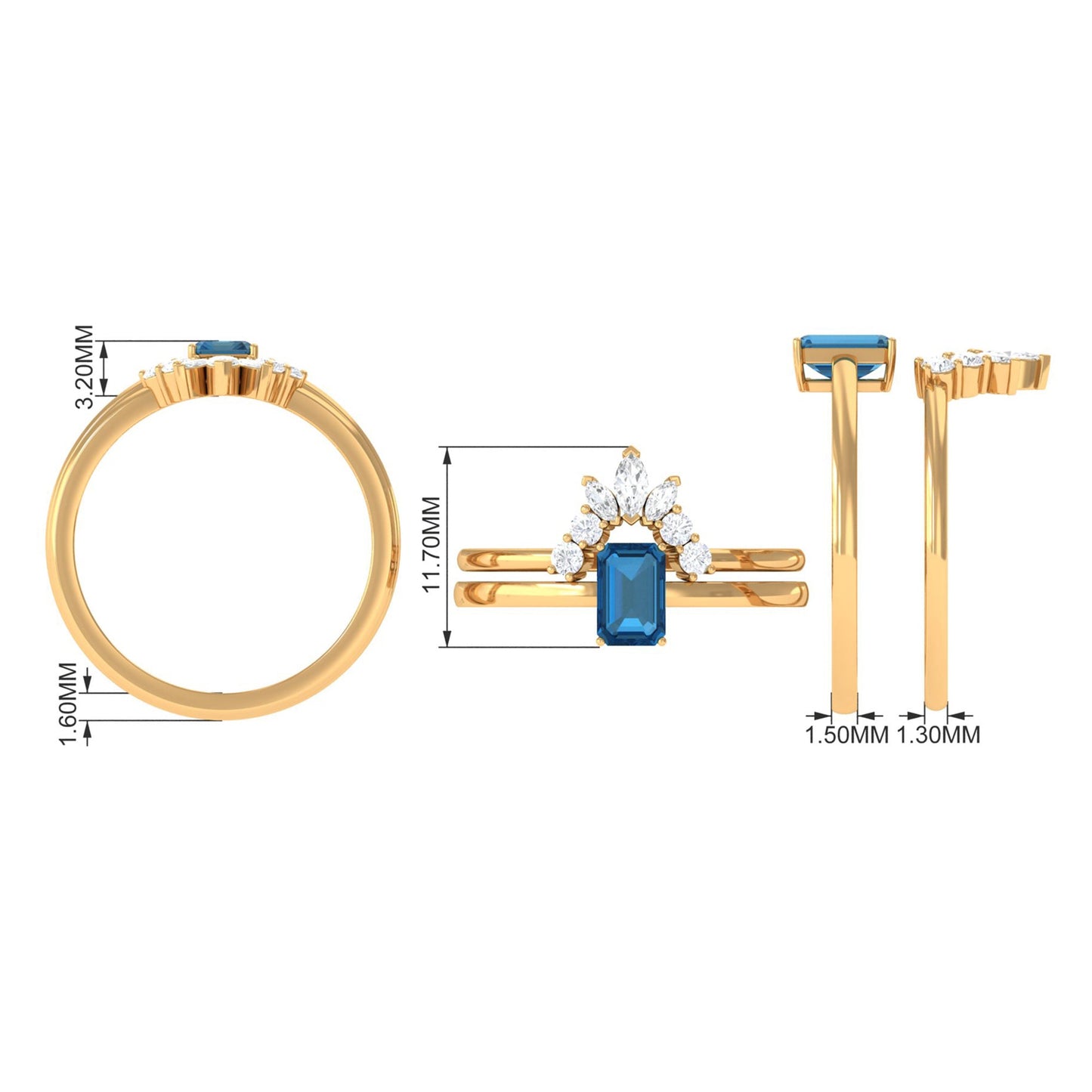 0.7 Carat Emerald Cut London Blue Topaz Solitaire Ring Set with Diamond