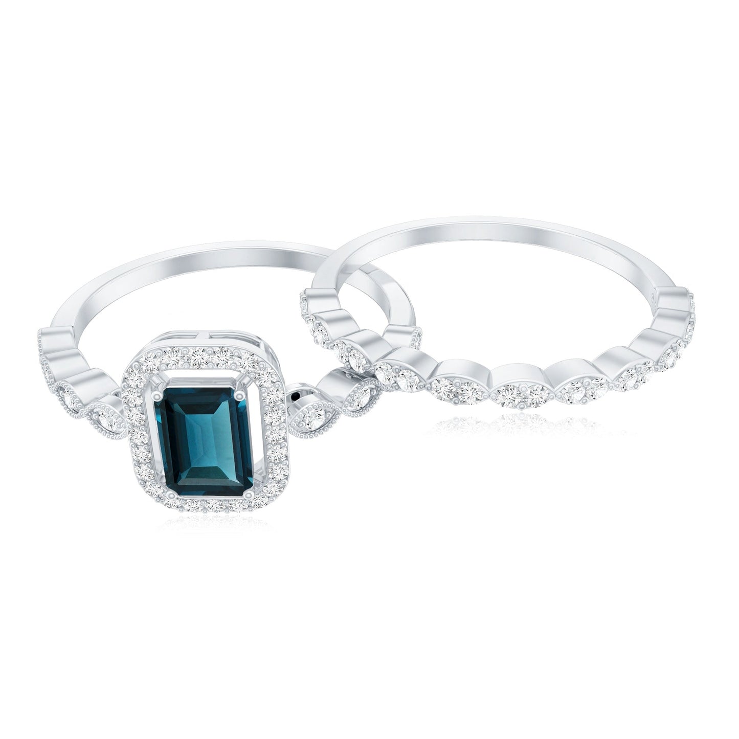 London Blue Topaz and Diamond Vintage Inspired Wedding Ring Set