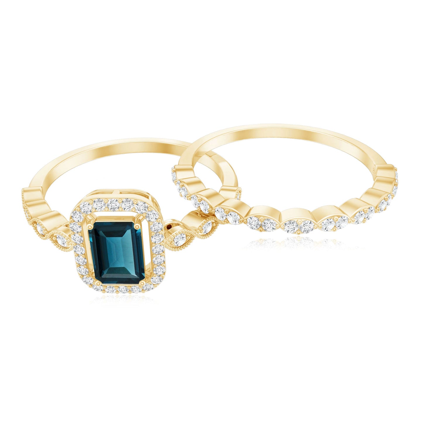 London Blue Topaz and Diamond Vintage Inspired Wedding Ring Set