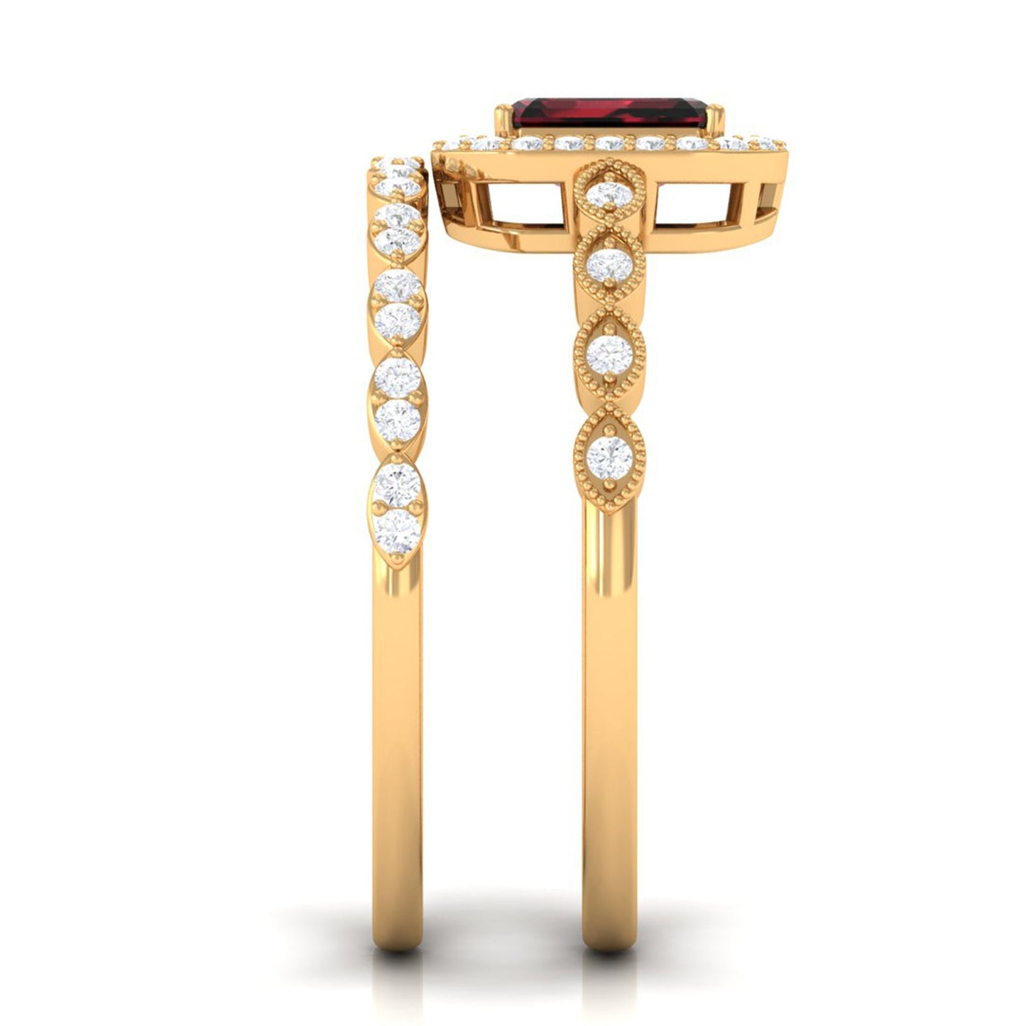 Vintage Looking Garnet Diamond Emerald Cut Wedding Bridal Ring Set