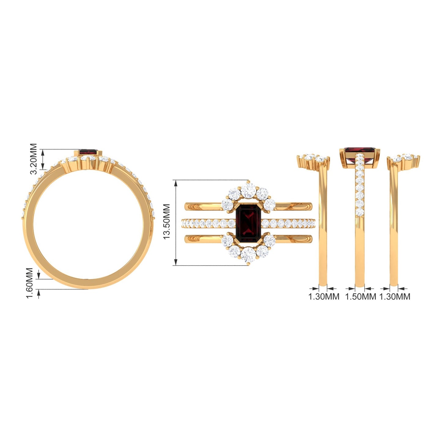 Natural Emerald Cut Garnet Diamond Trio Wedding Ring Set