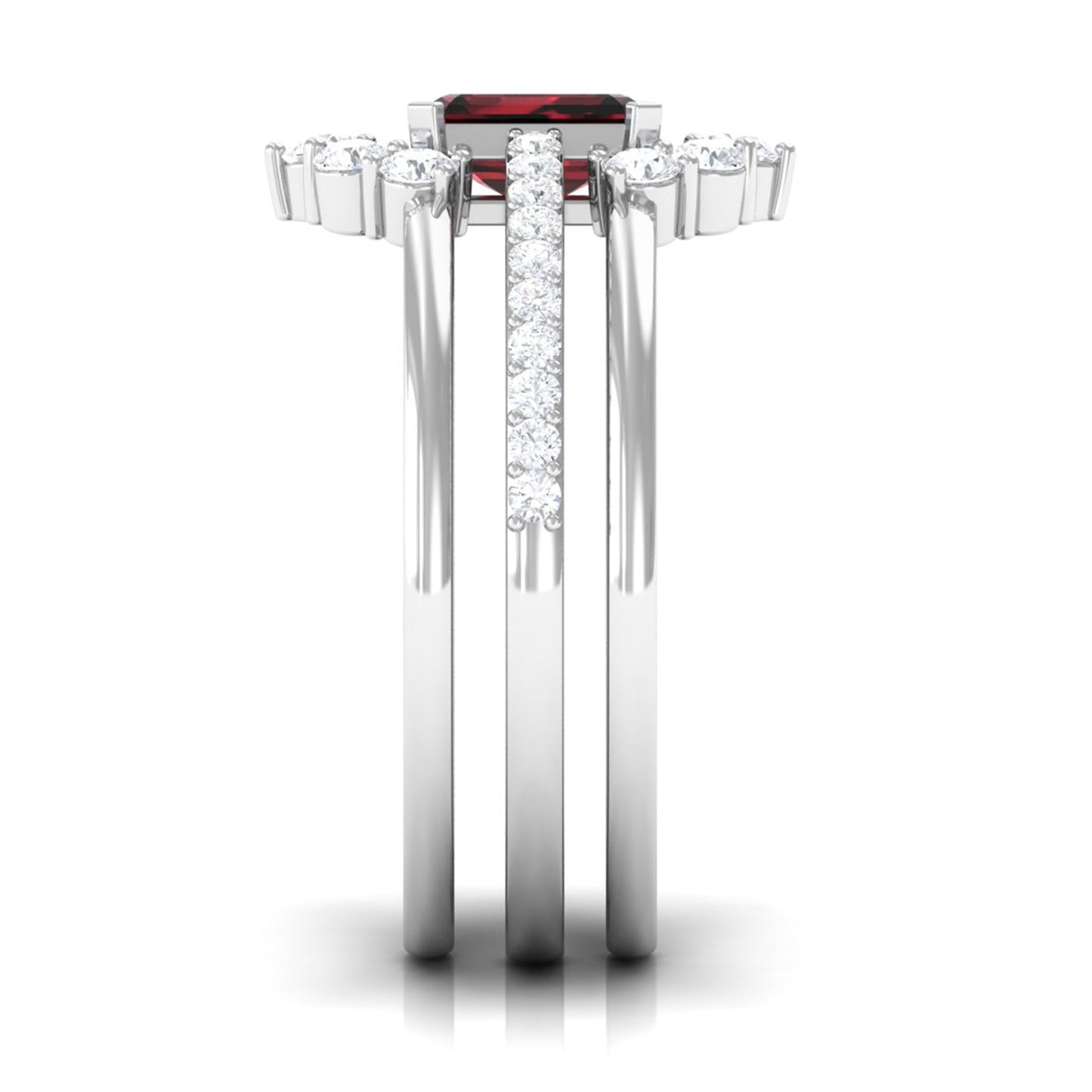 Natural Emerald Cut Garnet Diamond Trio Wedding Ring Set