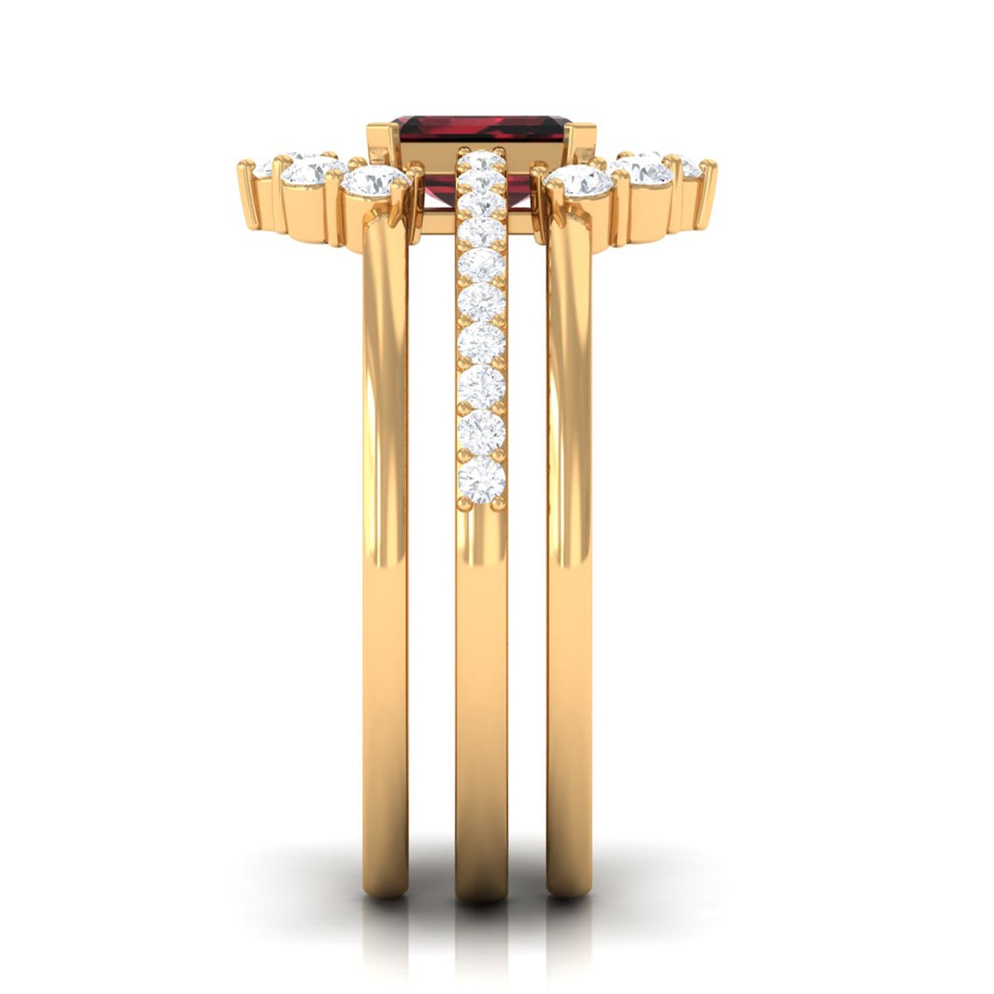 Natural Emerald Cut Garnet Diamond Trio Wedding Ring Set