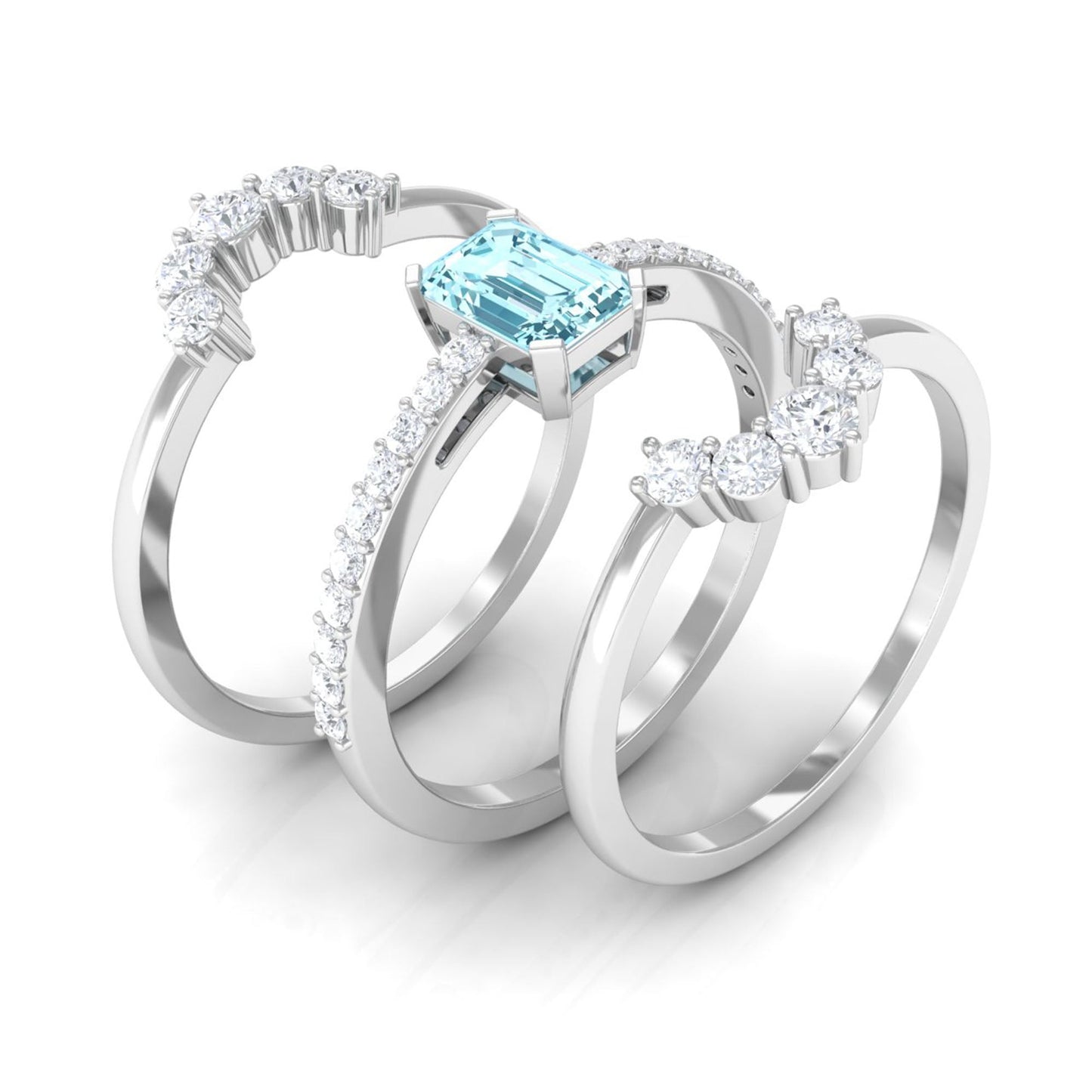 Certified Emerald Cut Real Aquamarine Trio Wedding Ring Set with Diamond