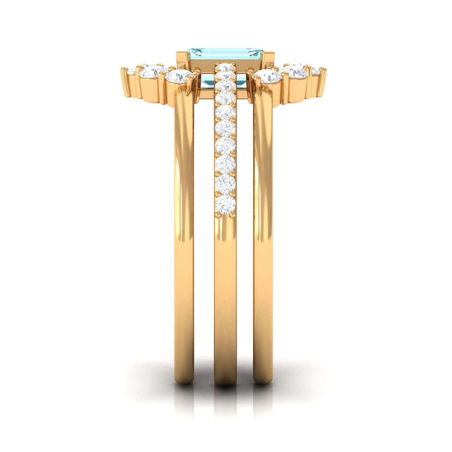 Certified Emerald Cut Real Aquamarine Trio Wedding Ring Set with Diamond