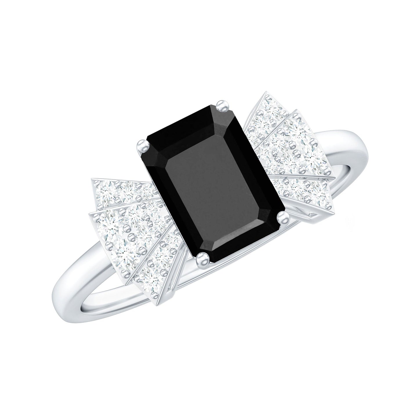 1.6 Carat Lab Grown Black Diamond Emerald Cut Engagement Ring with White Diamond Bow
