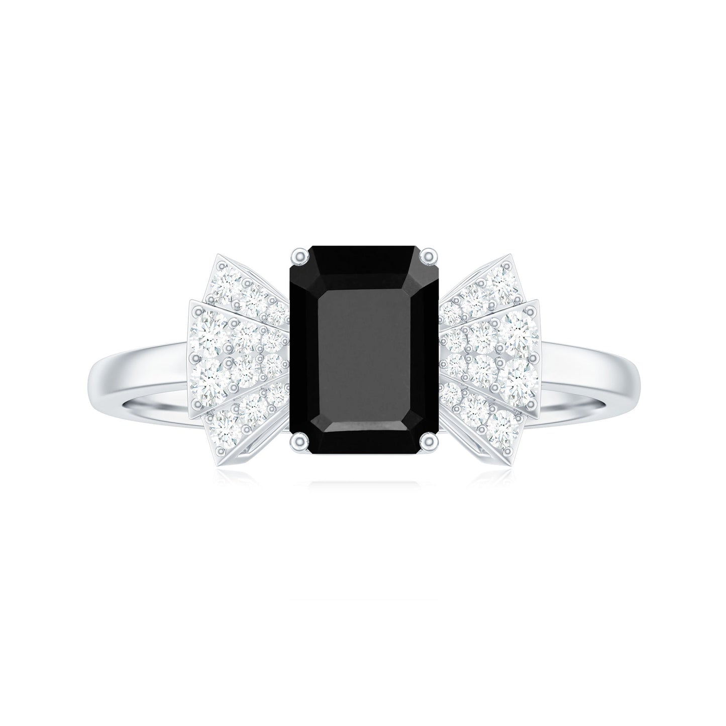 1.6 Carat Lab Grown Black Diamond Emerald Cut Engagement Ring with White Diamond Bow
