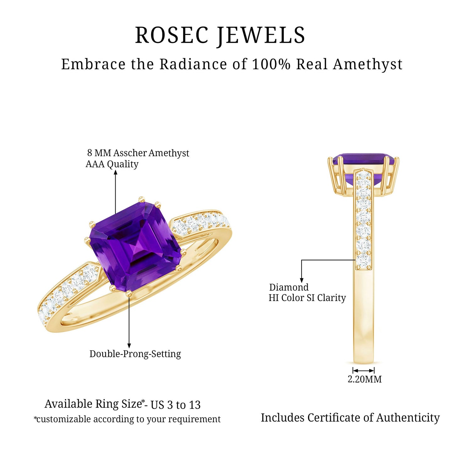 Real 3 Carat Amethyst Asscher Cut Engagement Ring with Diamond