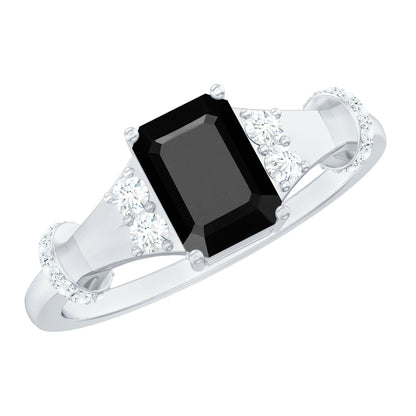 Emerald Cut Black Onyx Engagement Ring with Diamond