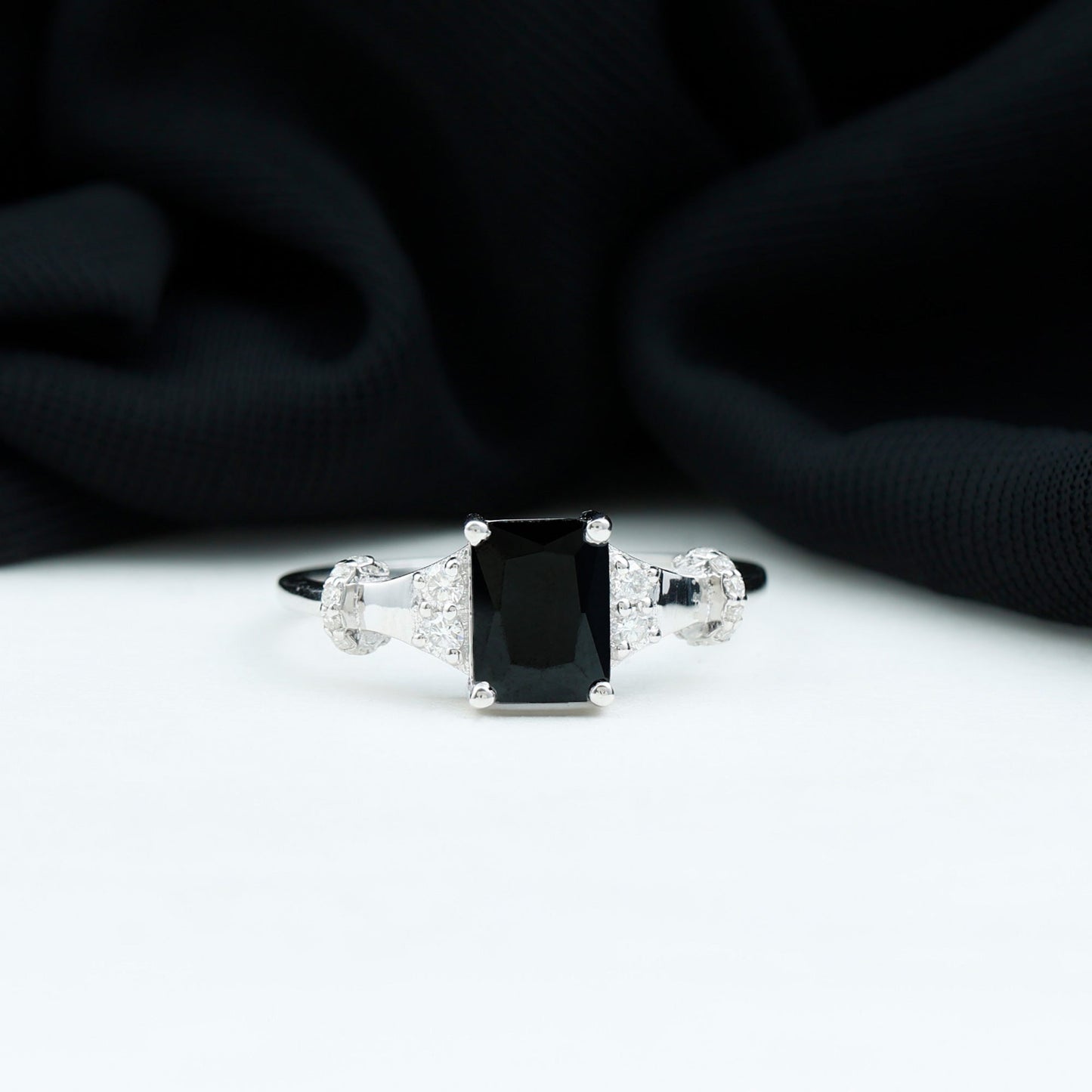 Emerald Cut Black Onyx Engagement Ring with Diamond