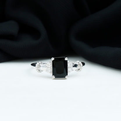 Emerald Cut Black Onyx Engagement Ring with Diamond