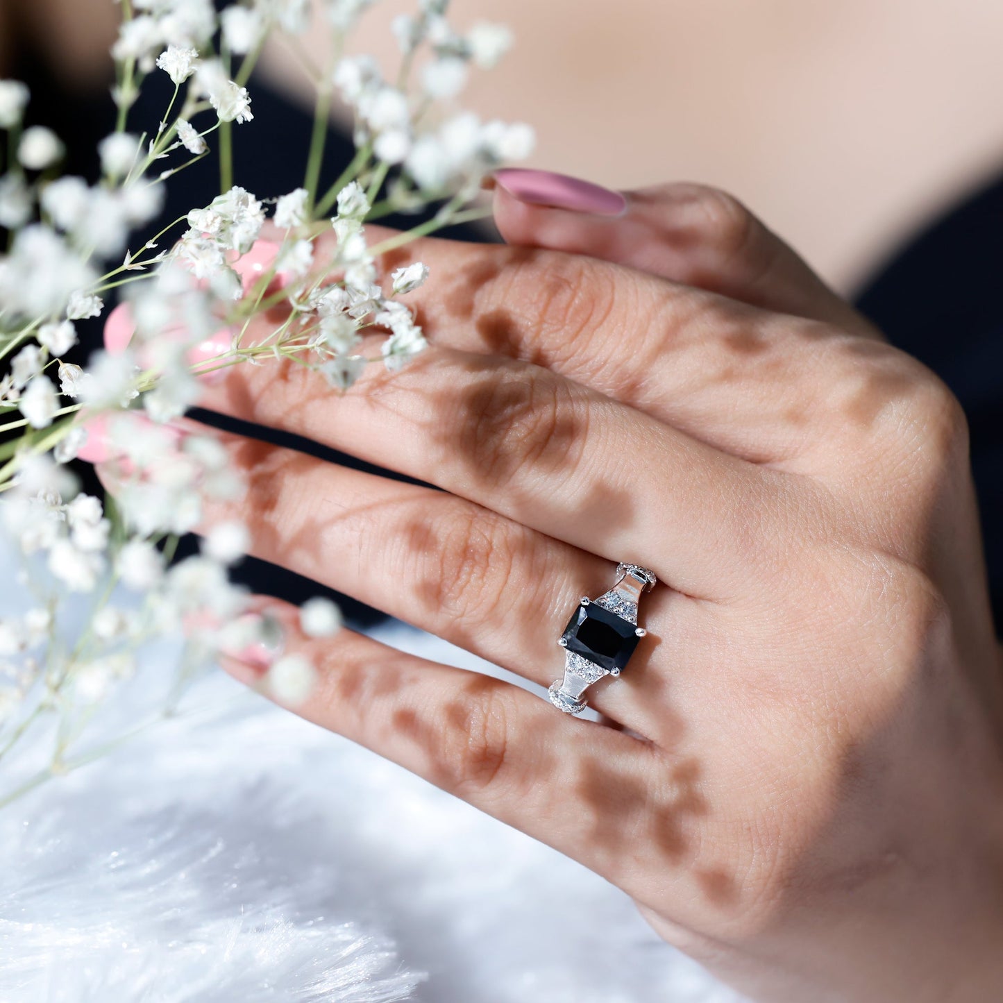 Emerald Cut Black Onyx Engagement Ring with Diamond