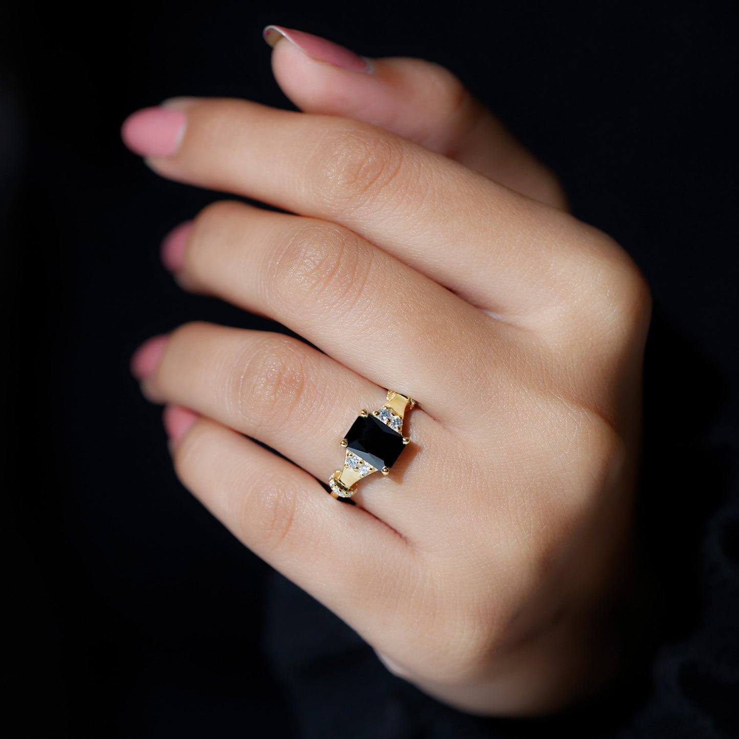 Emerald Cut Black Onyx Engagement Ring with Diamond