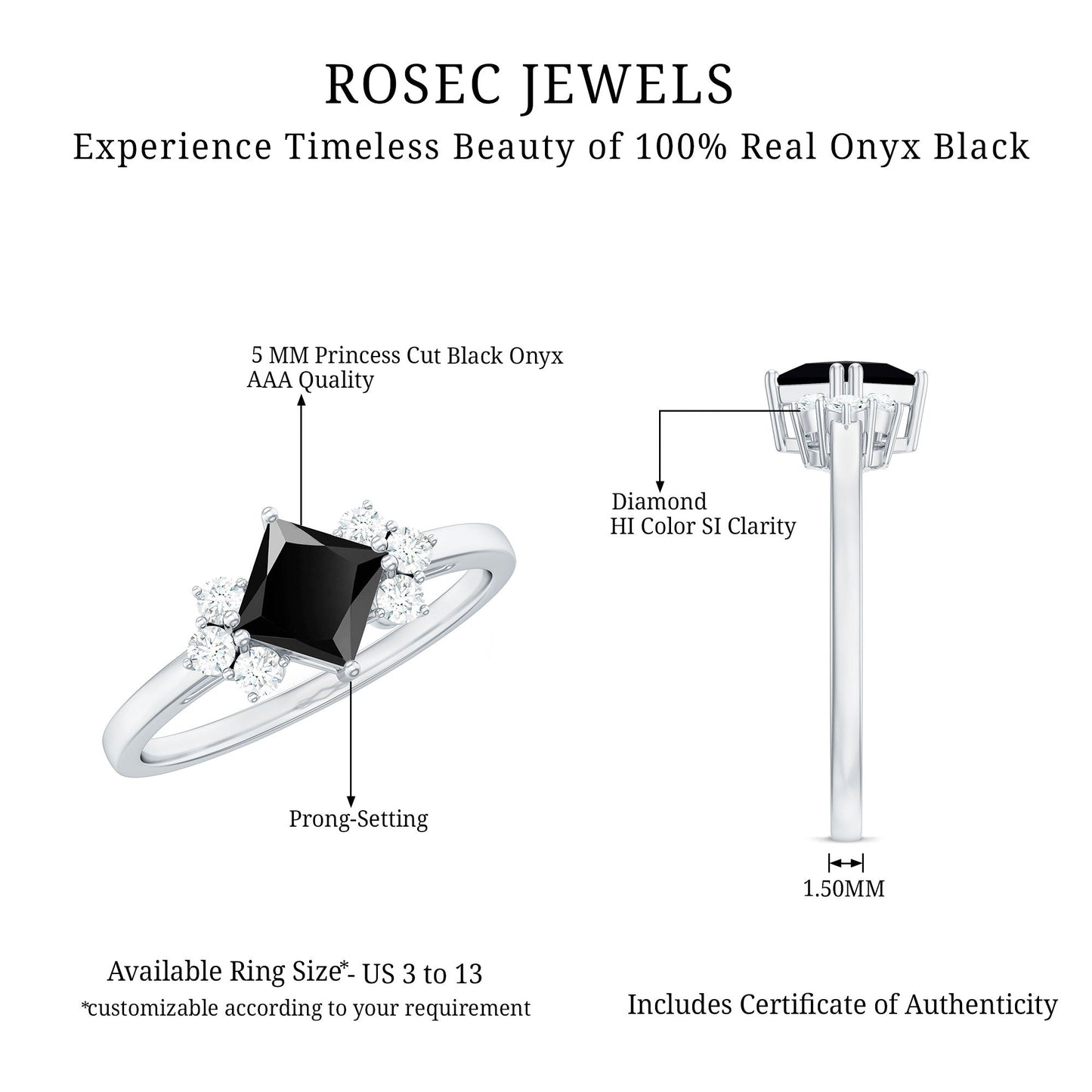 Princess Cut Black Onyx Promise Ring with Diamond Trio