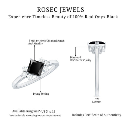 Princess Cut Black Onyx Promise Ring with Diamond Trio