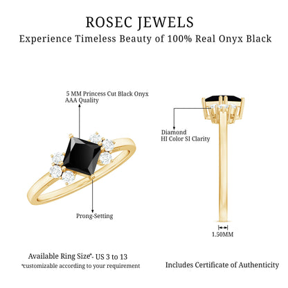 Princess Cut Black Onyx Promise Ring with Diamond Trio