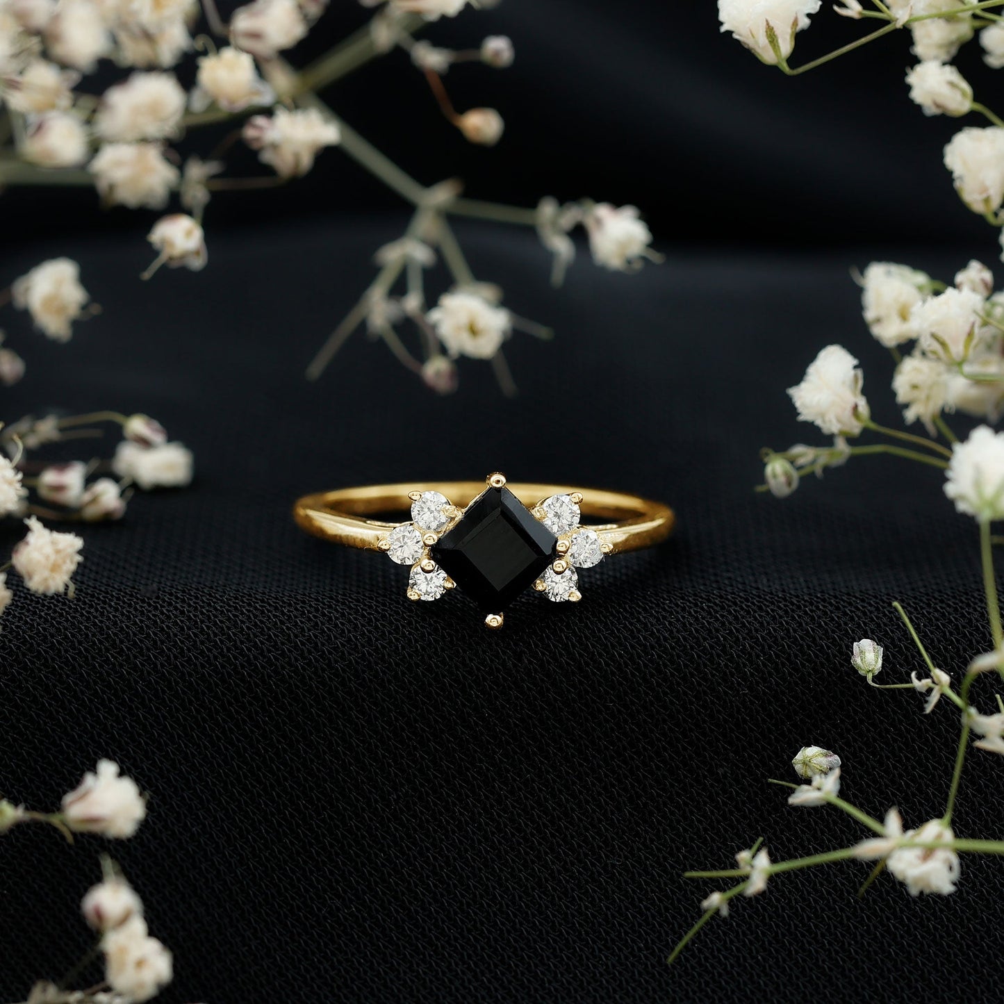 Princess Cut Black Onyx Promise Ring with Diamond Trio