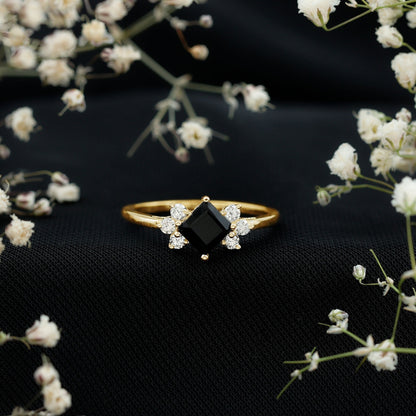 Princess Cut Black Onyx Promise Ring with Diamond Trio