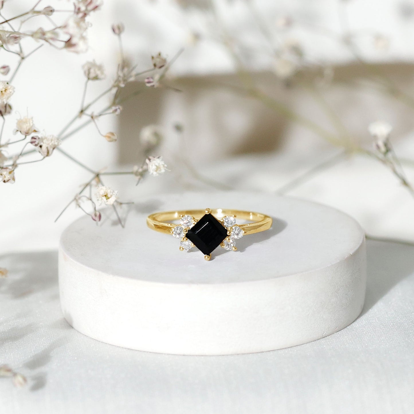 Princess Cut Black Onyx Promise Ring with Diamond Trio