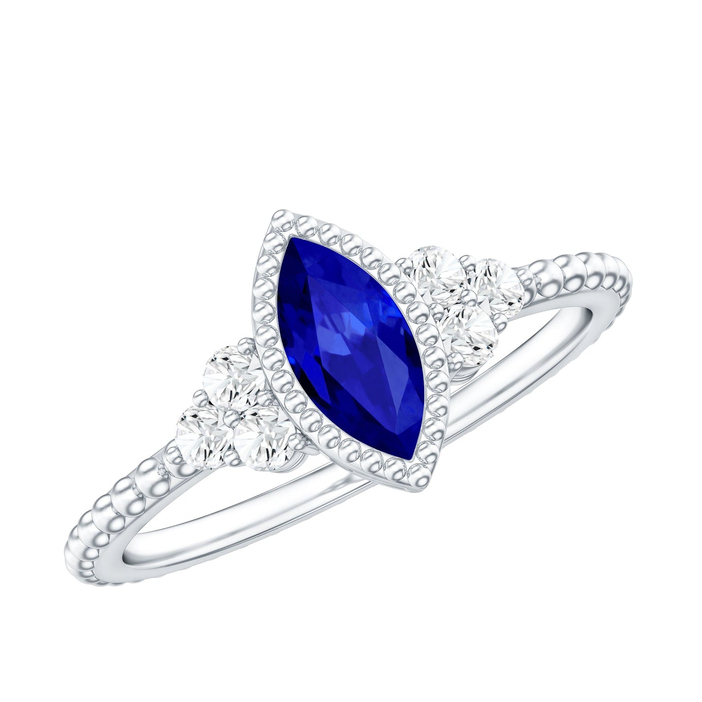Vintage Style 0.7 Carat Lab Grown Blue Sapphire Marquise Engagement Ring with Diamond Trio