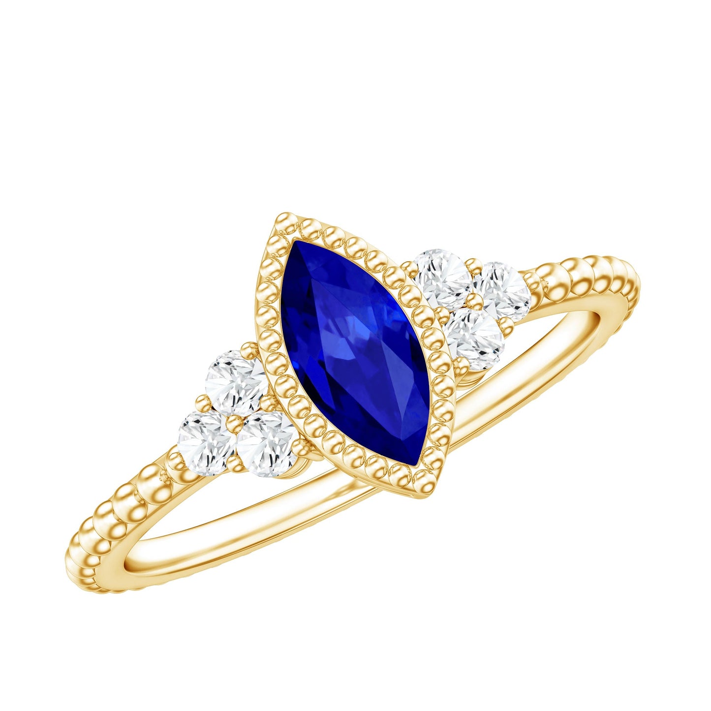 Vintage Style 0.7 Carat Lab Grown Blue Sapphire Marquise Engagement Ring with Diamond Trio
