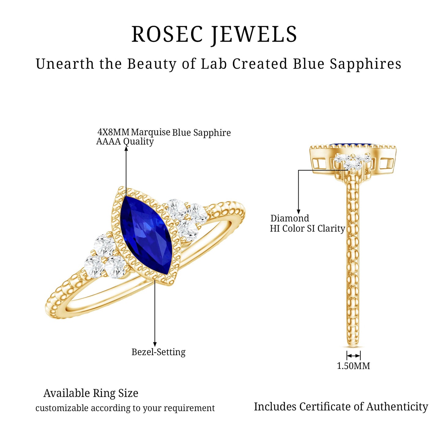 Vintage Style 0.7 Carat Lab Grown Blue Sapphire Marquise Engagement Ring with Diamond Trio