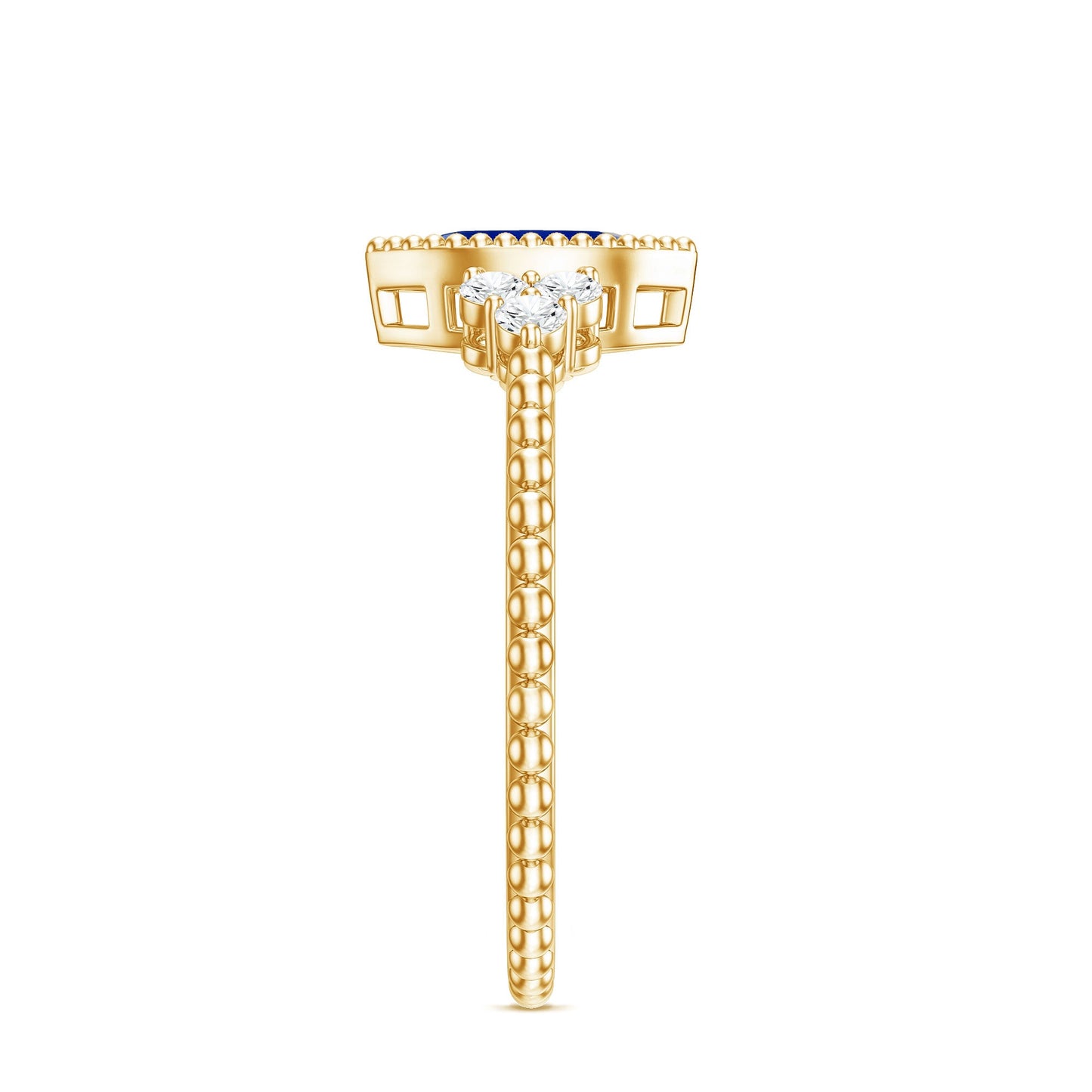 Vintage Style 0.7 Carat Lab Grown Blue Sapphire Marquise Engagement Ring with Diamond Trio