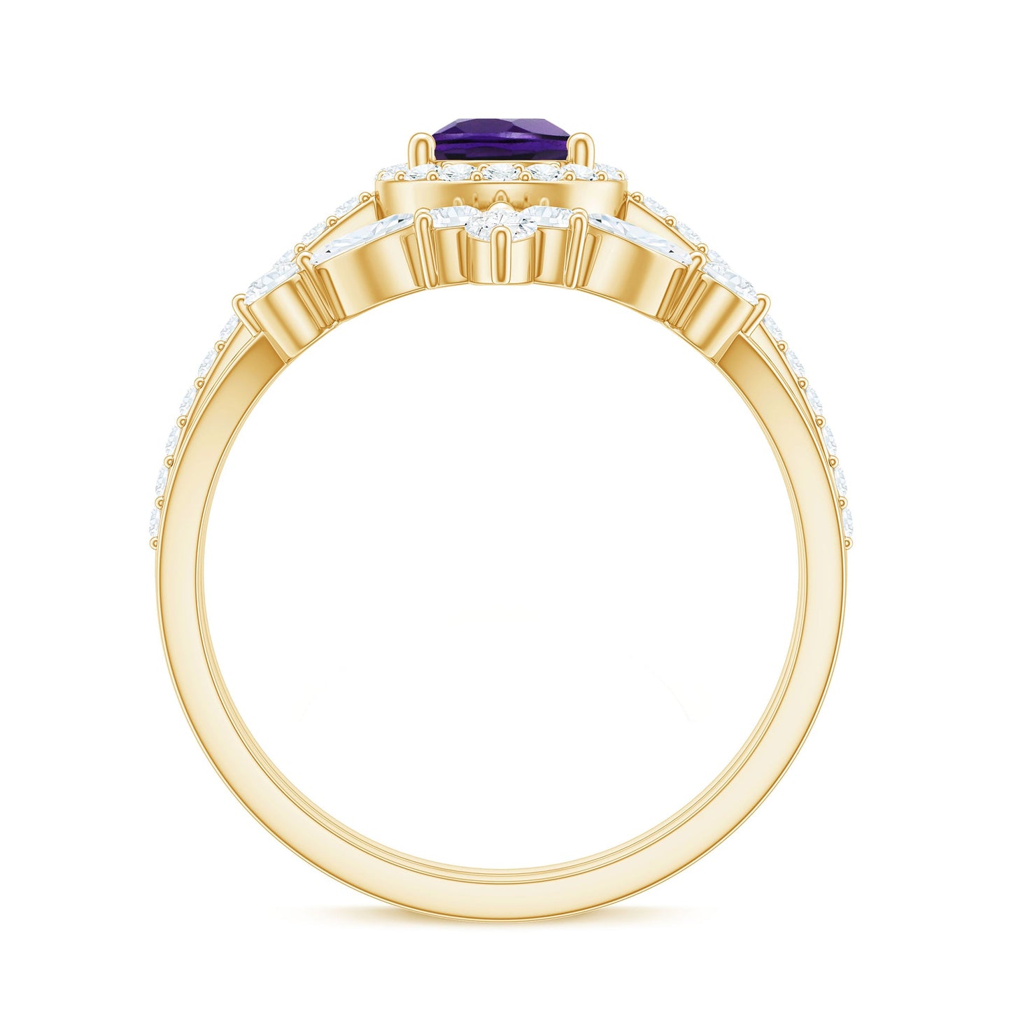Natural Pear Shape Amethyst Wedding Bridal Ring Set with Certificate