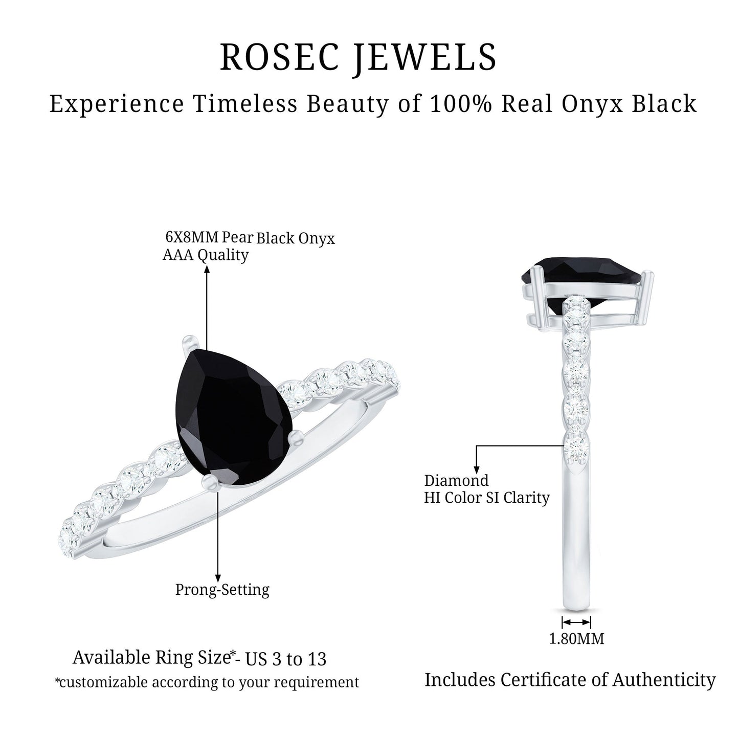 Pear Shape Black Onyx Solitaire Promise Ring with Diamond