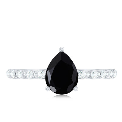 Pear Shape Black Onyx Solitaire Promise Ring with Diamond