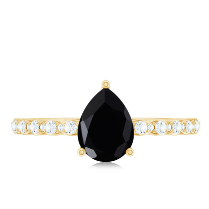 Pear Shape Black Onyx Solitaire Promise Ring with Diamond