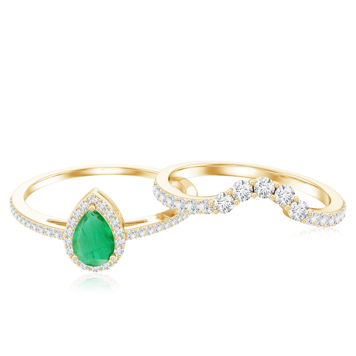 0.3 Carat Natural Emerald Diamond Pear Shaped Engagement Wedding Ring Set of 2