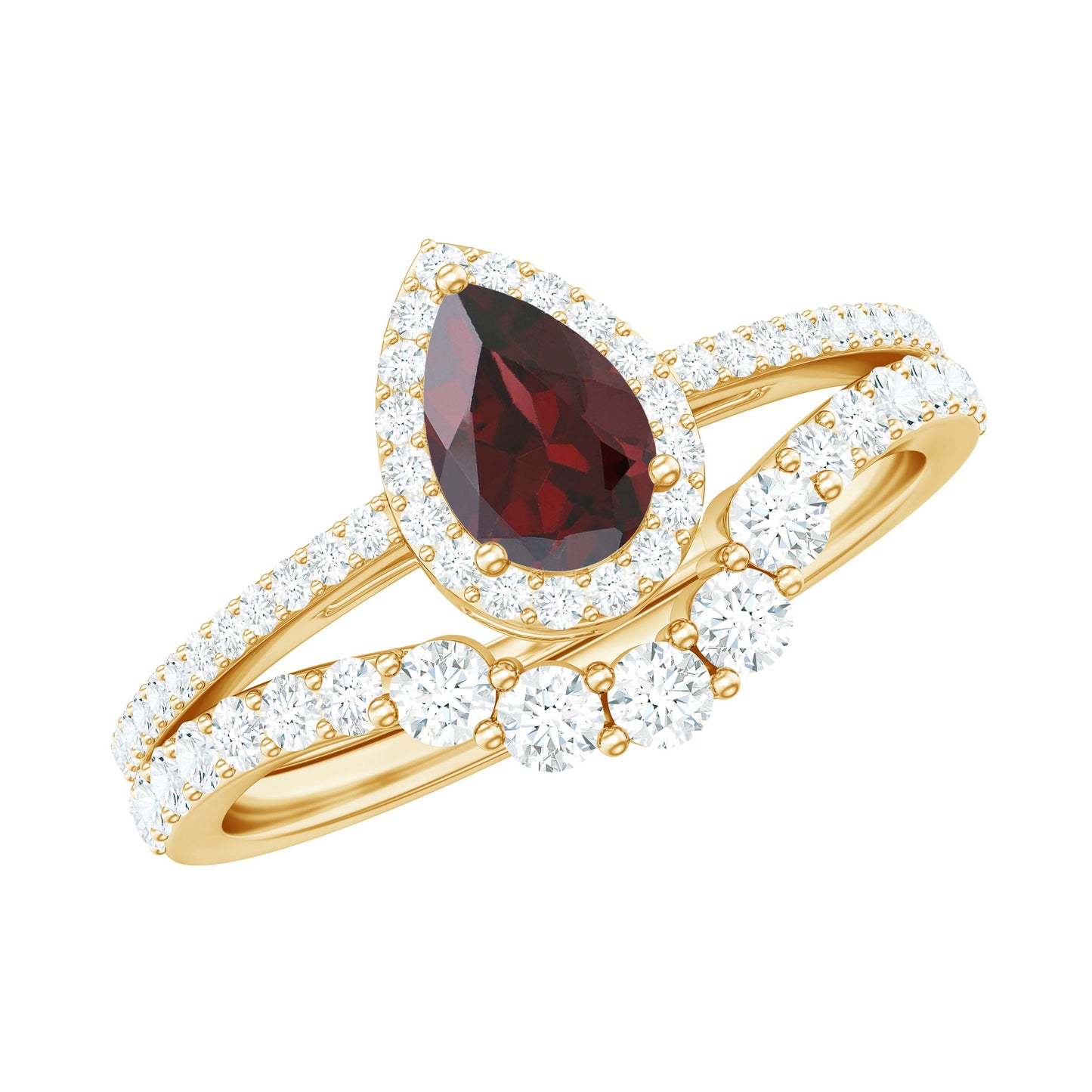 Natural 0.8 Carat Pear Shape Garnet Diamond Wedding Engagement Ring Set