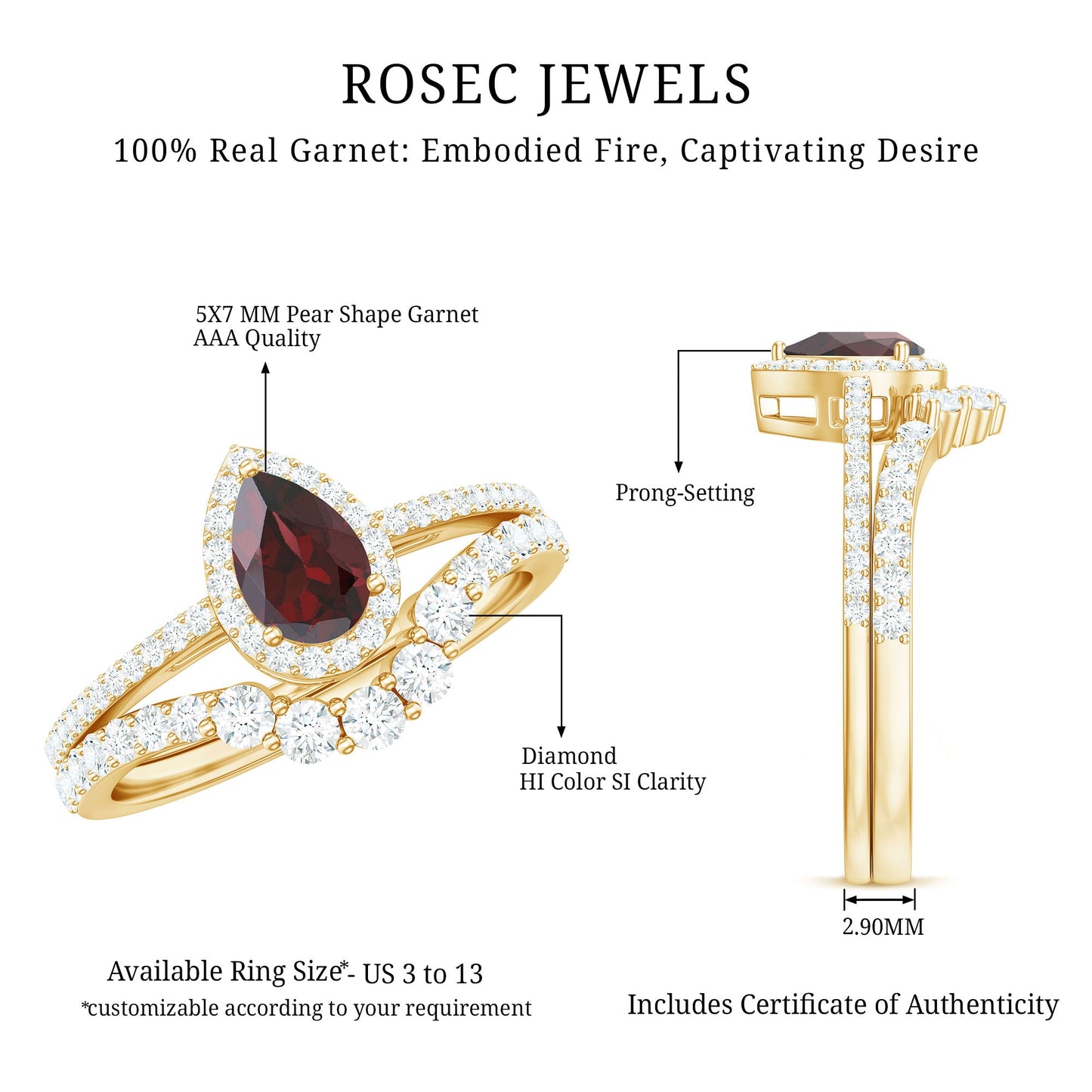 Natural 0.8 Carat Pear Shape Garnet Diamond Wedding Engagement Ring Set