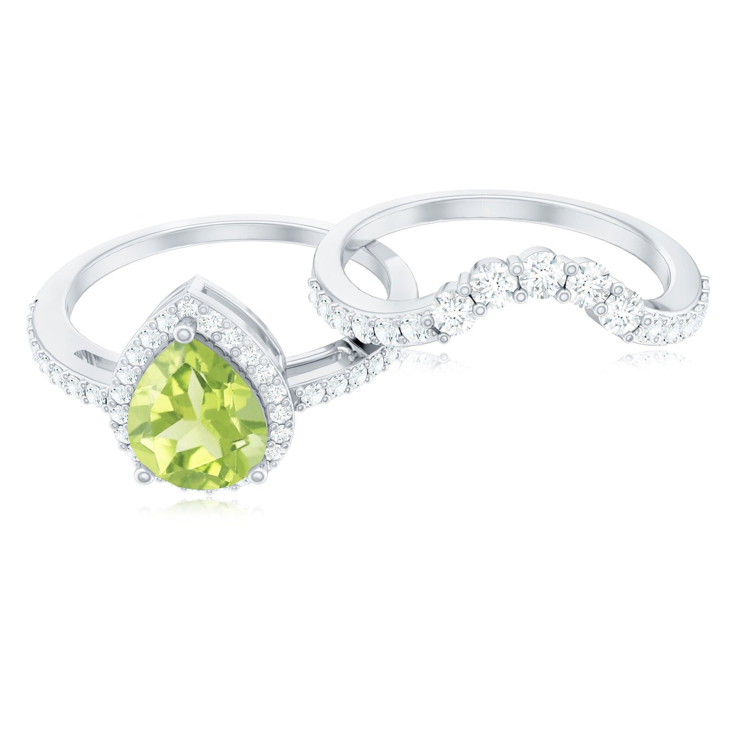 Real 1 Carat Peridot Pear Shaped Engagement Ring with Curved Enhancer