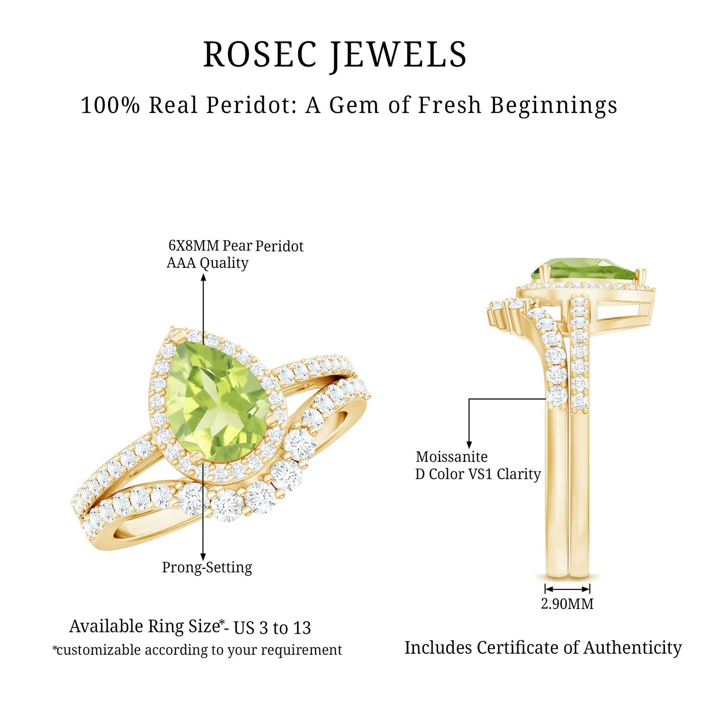 Real 1 Carat Peridot Pear Shaped Engagement Ring with Curved Enhancer
