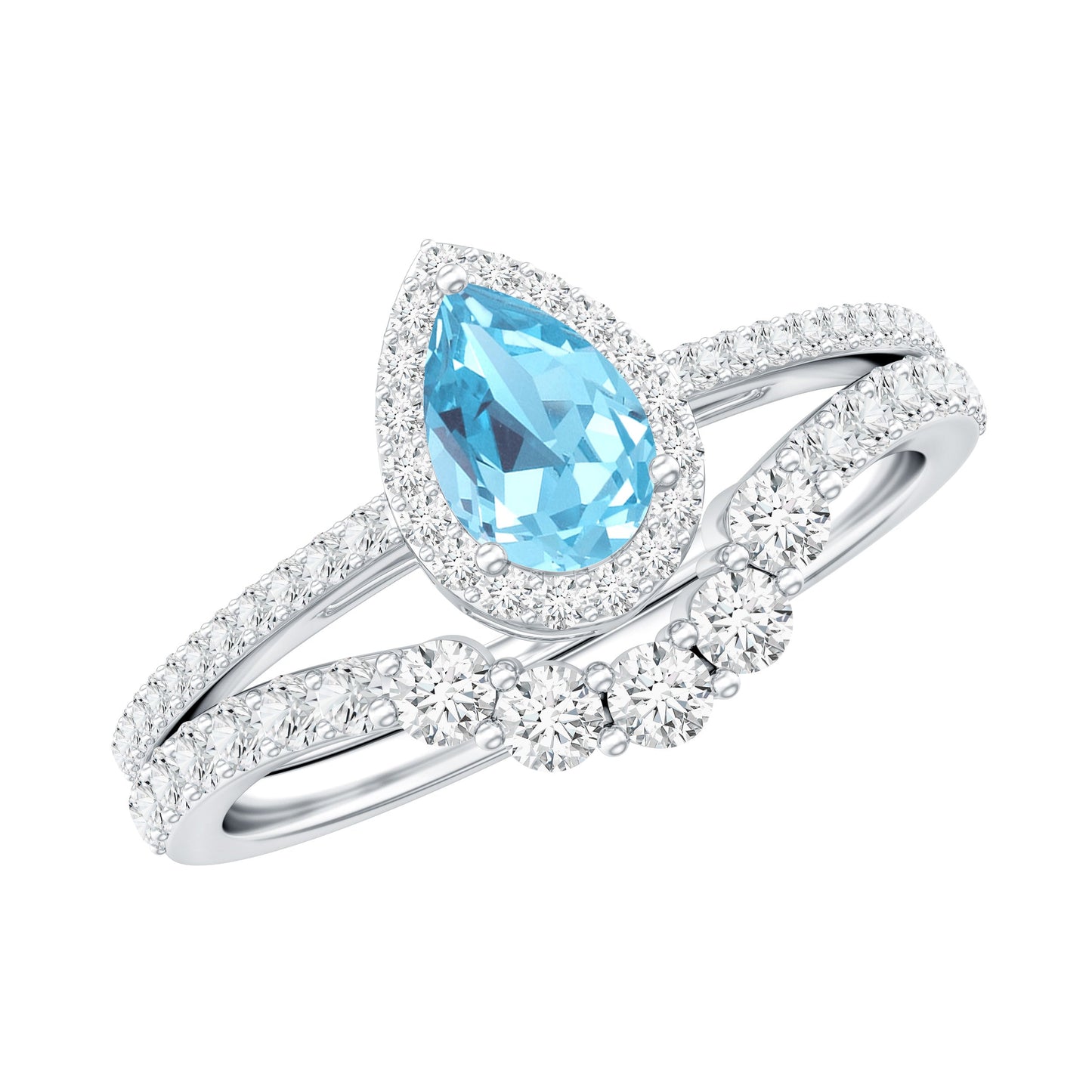 Genuine Aquamarine Teardrop Bridal Ring Set with Diamond Halo